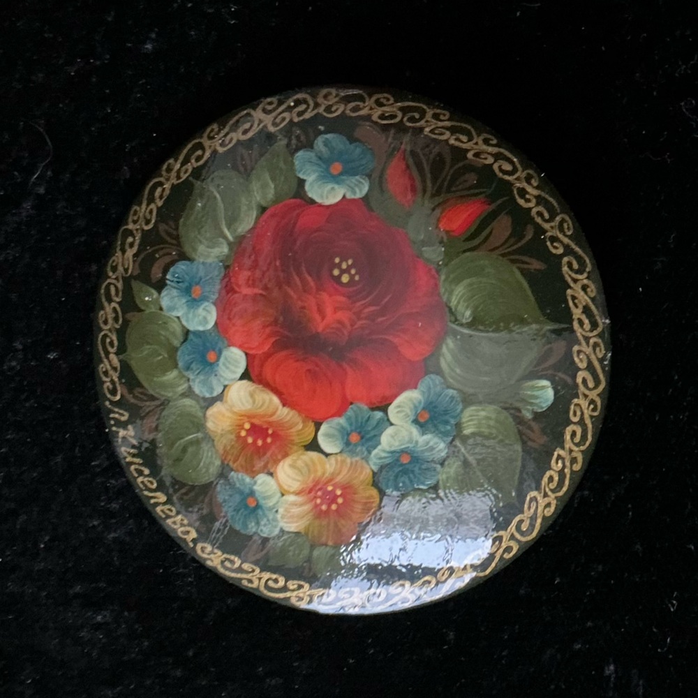 SIgned lacquer floral pin
